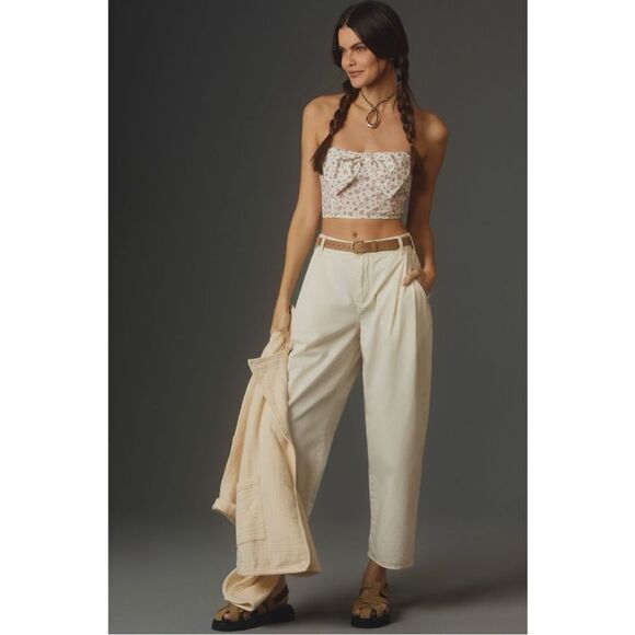 NEW Anthropologie Pink Floral Bow Cropped Bustier Strapless Tube Top Medium - Picture 4 of 5